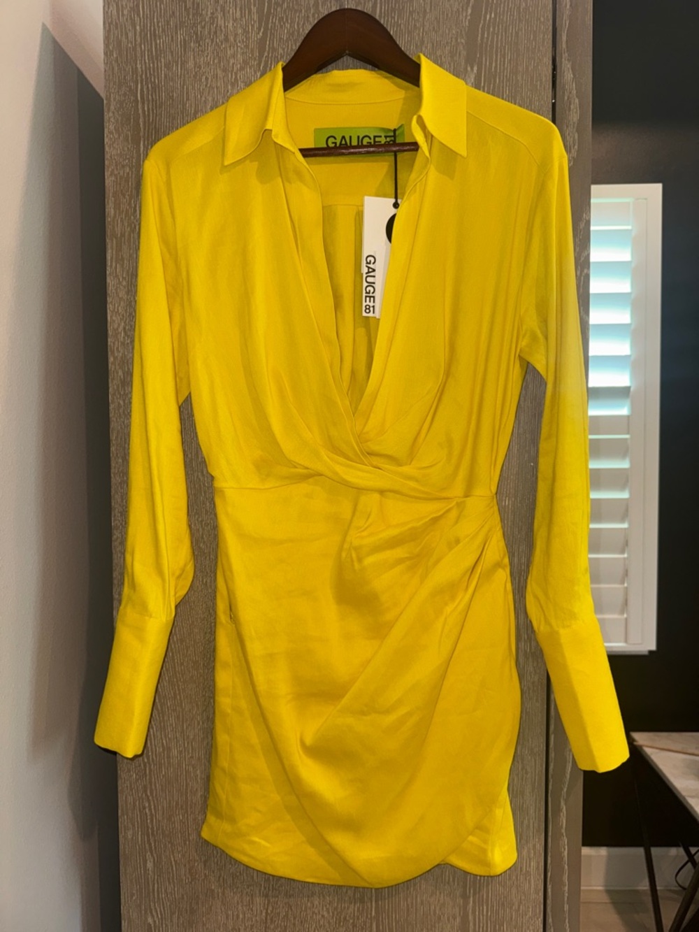 Gauge81 Bright Yellow Draped Wrap Shirt Dress